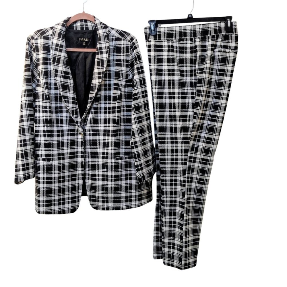 Iman: 2pc Black and White Plaid Pantsuit, Size 2X - Picture 3 of 15